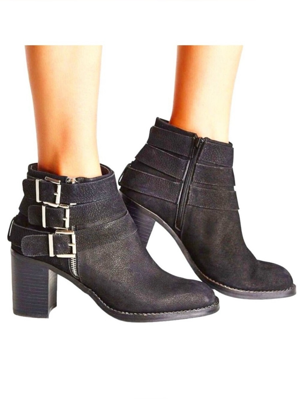 JEFFREY CAMPBELL Rayburn Ankle Booties 3 Buckle Black Nubuck Block Heel 8